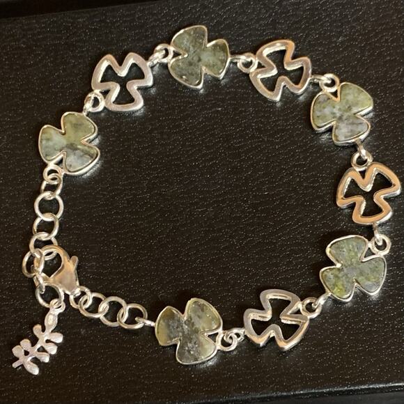 Connemara Marble Sterling Silver Shamrock Link Bracelet Vintage Ireland - Picture 4 of 9